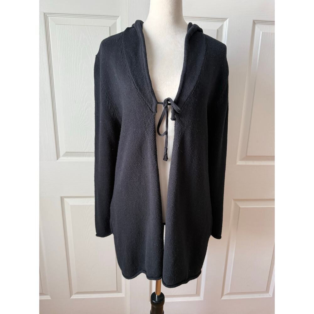 Pure Jill Black Cotton Cashmere Hooded Sweater Jacket Tie Front Pockets Size M
